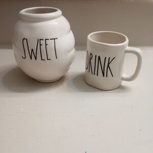 Rae Dunn Beehive Shaped Sweet Jar And Espresso Size Mini Drink Mug Bundle